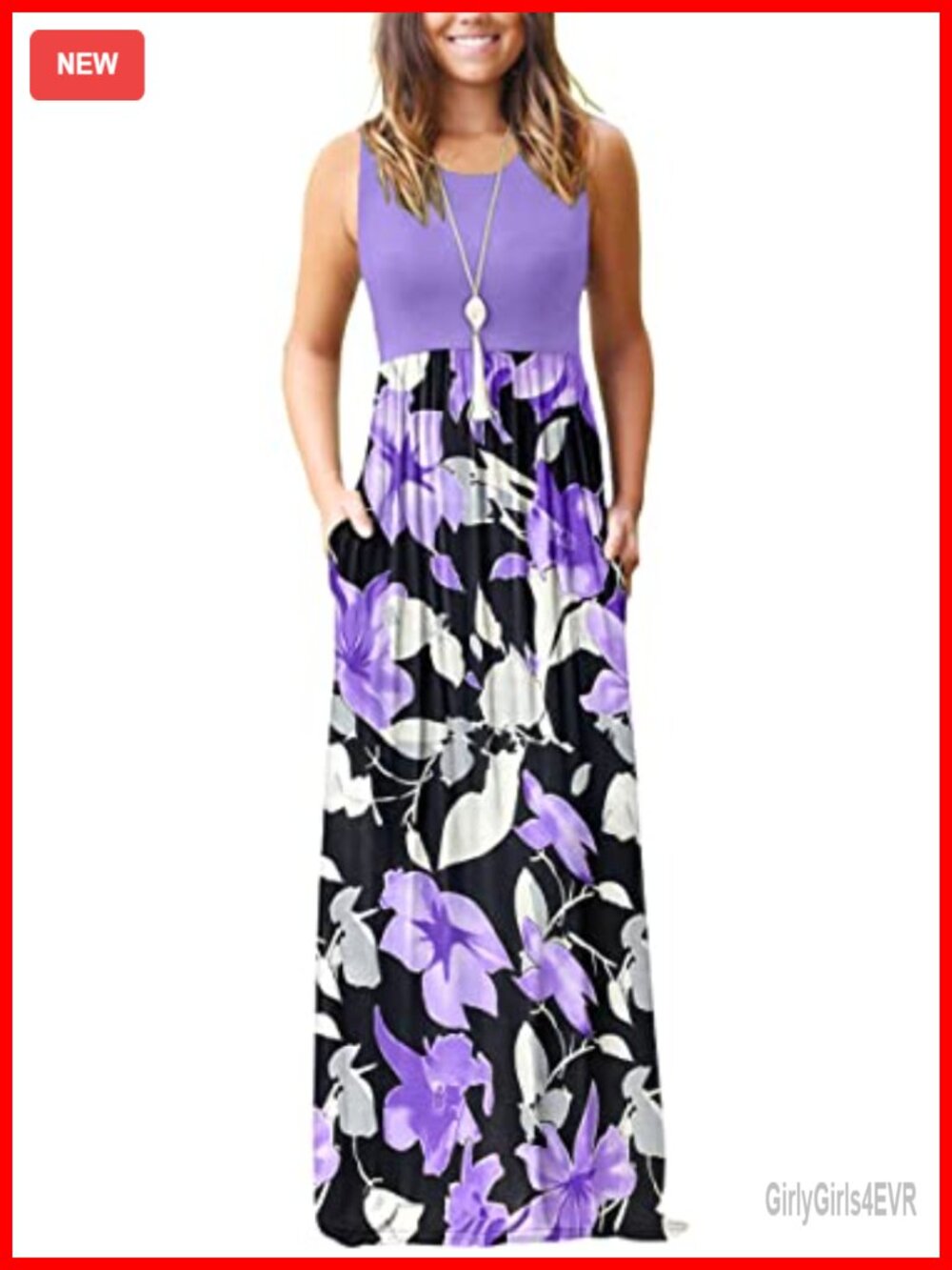 Women's Sleeveless Floral Maxi Dress A-Line with Pockets Casual